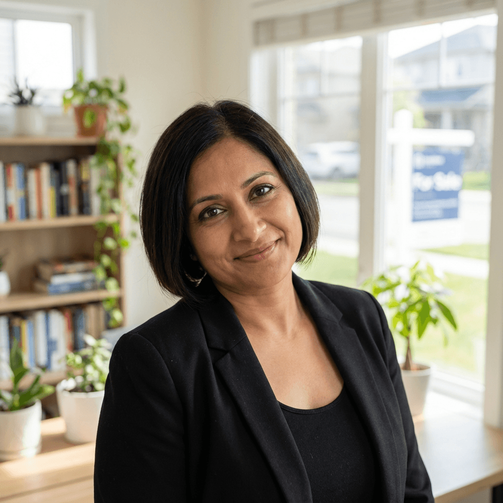 Female busy parent in her early 40s, south asian, warm and genuine expression in a living room