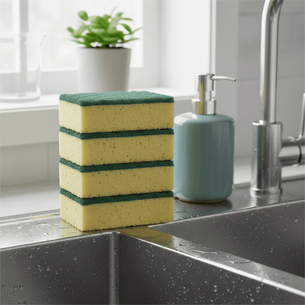 stack of clean scrub sponges on a kitchen sink