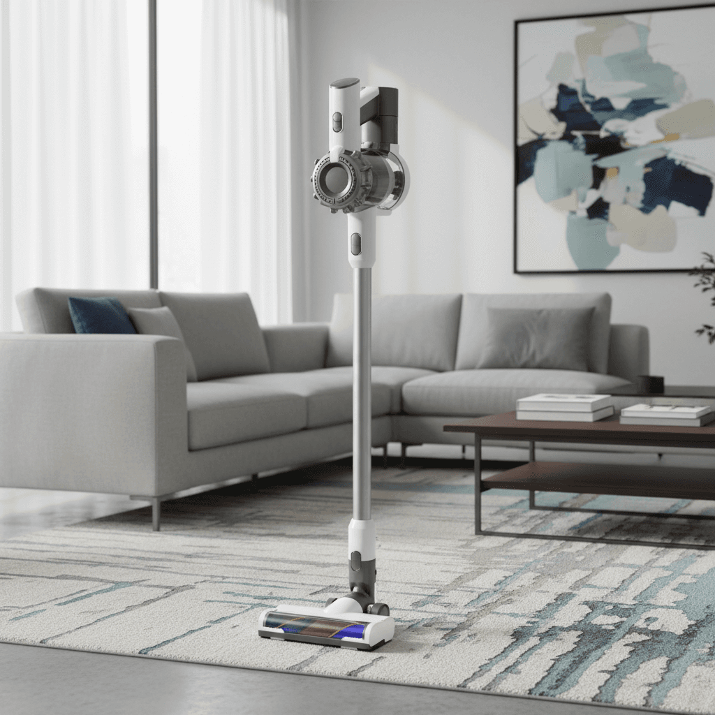lightweight vacuum cleaner on a living room carpet