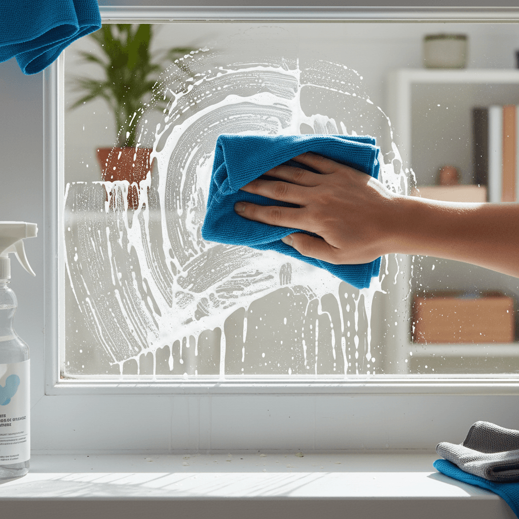 Person cleaning a large window in a bright room