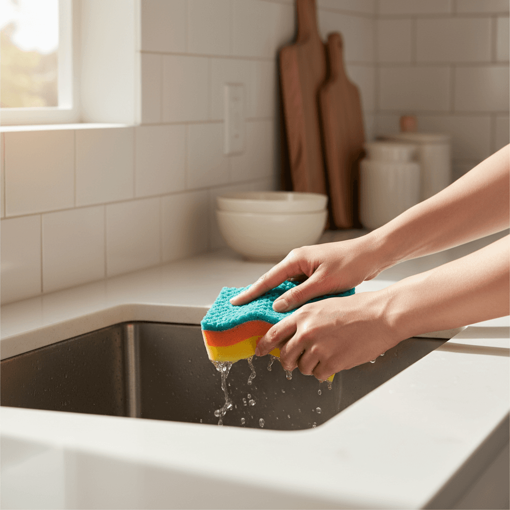 Method glass cleaner and green sponge on kitchen counter