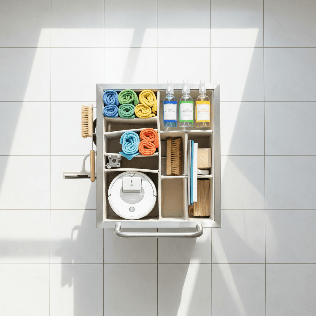 Cleaning supplies including spray bottles, a bucket, sponges, and trash bags on a counter