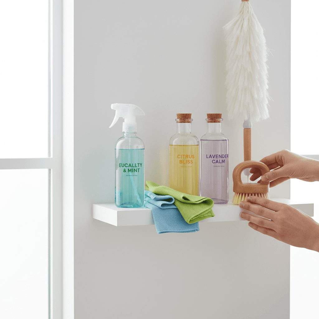 Cleaning products including spray bottles and sponges on a counter