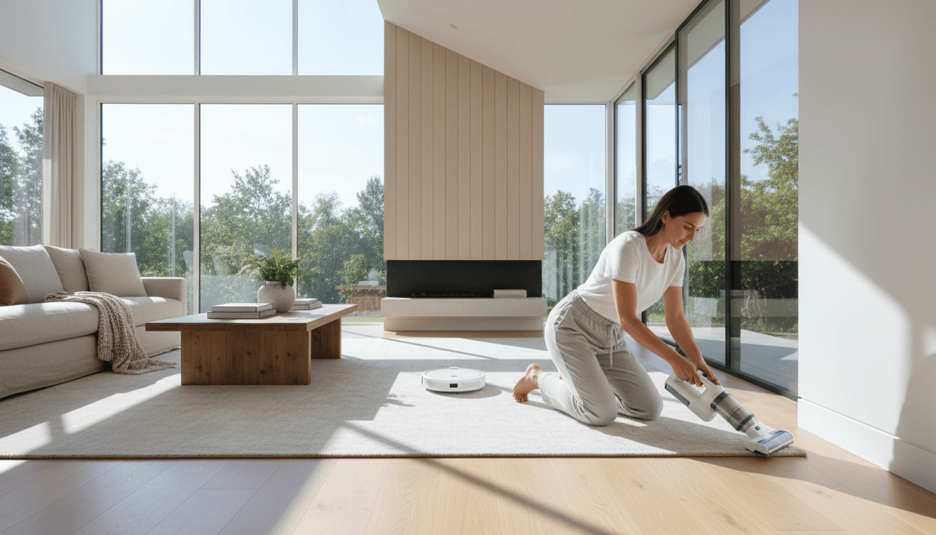 Woman holding a cleaning caddy in a tidy living room
