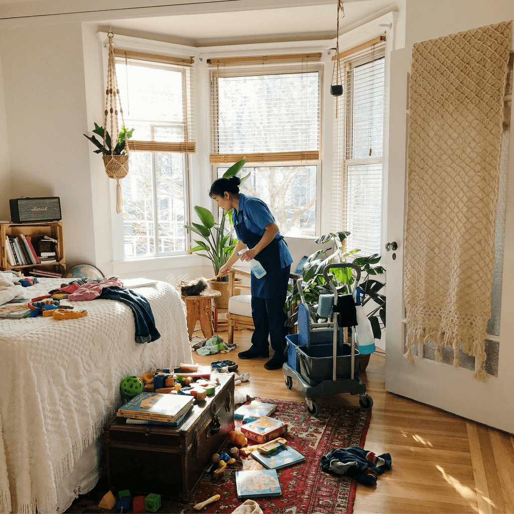 Woman holding a spray bottle and smiling in a clean living room